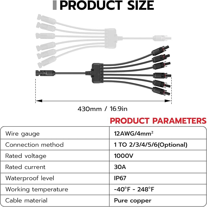 1 Pair Solar Connectors Y Branch,1 to 6 Solar Parallel Connector for Solar Panels,30A 1000V Solar Panel Splitter for Solar Cable