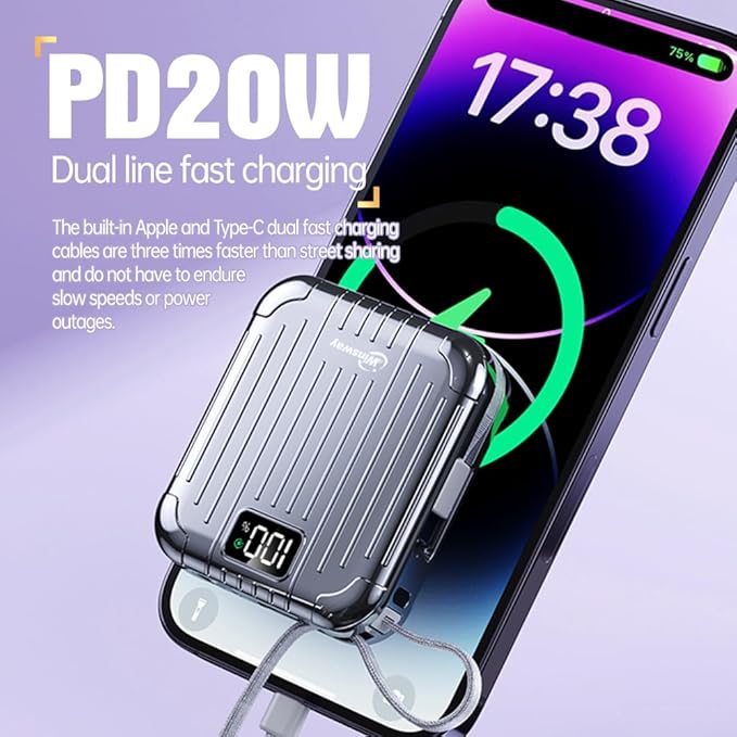 10000mAh Slim Power Bank with Built-in Cables, 22.5W Fast Charging, 4 Outputs 2 Inputs, 3A Portable Charger for Samsung Google Pixel LG Moto iPhone iPad