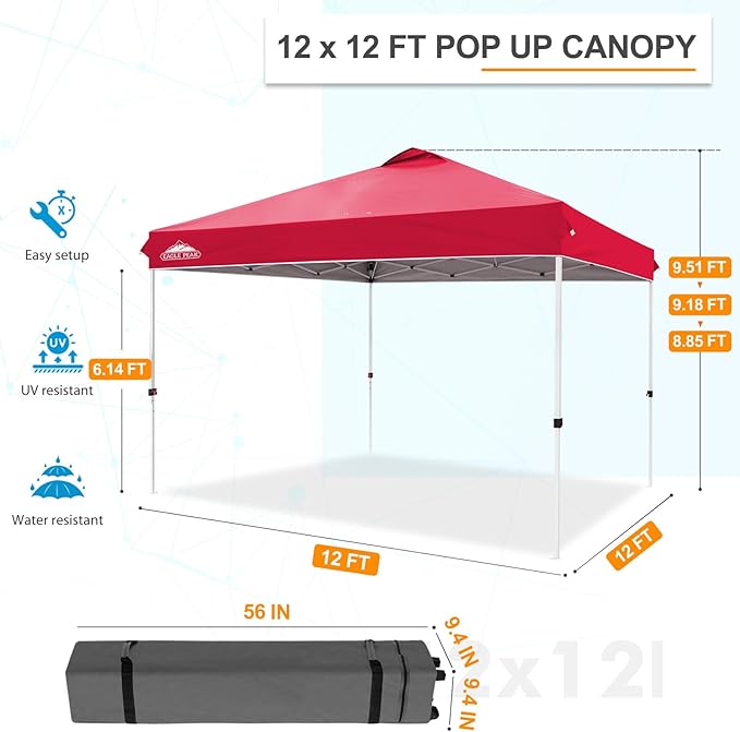 EAGLE PEAK Pop Up Canopy Tent with Wheeled Carry Bag, 8 Stakes, 4 Ropes, 4 Weight Bags, Easy Set Up Tent Canopy, 12x12 ft, 144sqft of Shade, Red