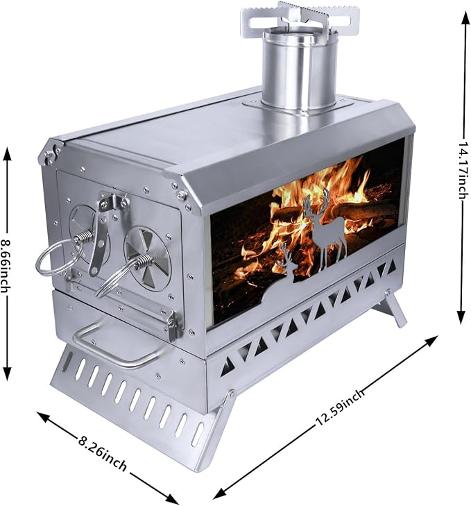 Outdoor Camping Tent Stove Portable Stainless Steel with Chimney Barbecue Net for Outdoor Cooking BBQ Heating & Fishing(Large)