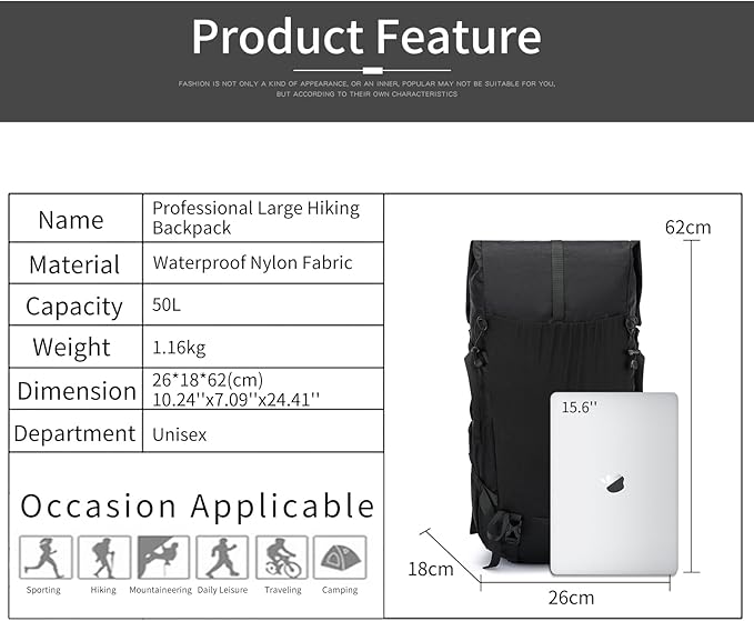 Hiking Backpack,40L to 50L Extra Large Capacity Hiking Bag,Internal Frame Camping Backpack,Upgraded X-PAC Lightweight Sport Daypack Travel Backpack Fit For Mountain Climbing Camping(Black)