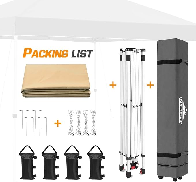 EAGLE PEAK Pop Up Canopy Tent with Wheeled Carry Bag, 8 Stakes, 4 Ropes, 4 Weight Bags, Easy Set Up Tent Canopy, 10x10 ft, 100sqft of Shade, Beige