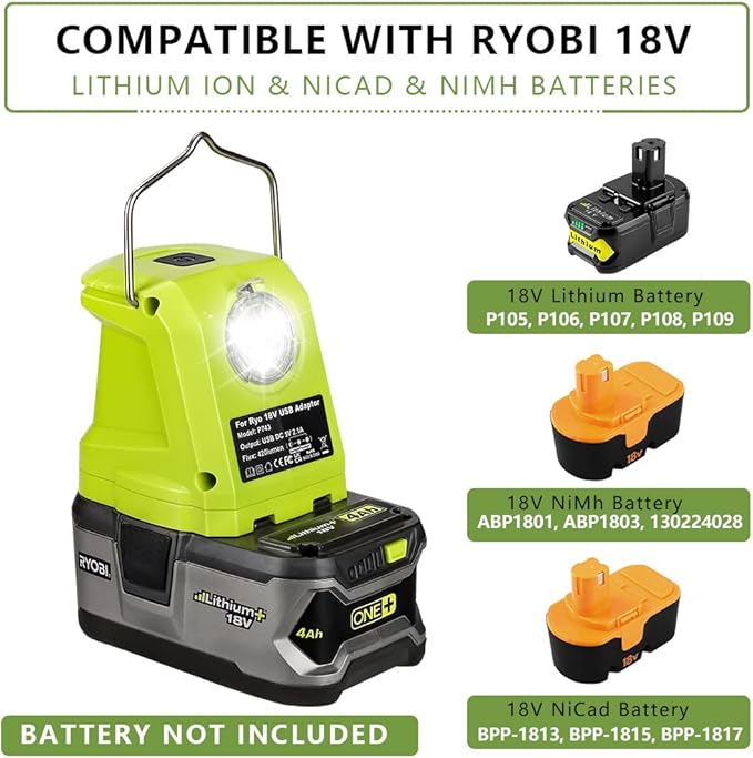 Portable Flashlight for Ryobi 18v Battery, 420lm LED Work Light with 2 USB Ports, 3 Light Modes and Foldable Hang Hook, Worklight Outdoor Camping Lantern for Emergency