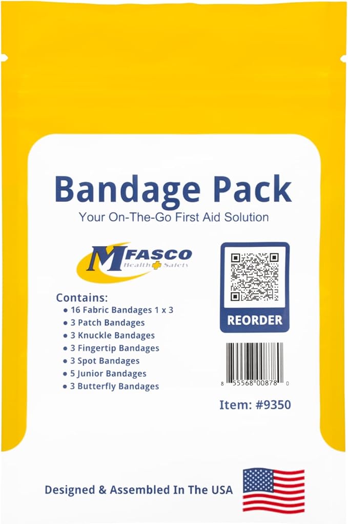 MFASCO First Aid Kit Bandage Refill Pack - Comprehensive Assorted Fabric Bandaids - Small Bandaids for On-The-Go Bandages & Bandaging Supplies - Reliable First Aid