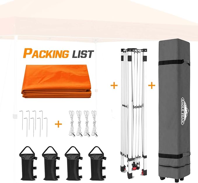 EAGLE PEAK Pop Up Canopy Tent with Wheeled Carry Bag, 8 Stakes, 4 Ropes, 4 Weight Bags, Easy Set Up Tent Canopy, 10x10 ft, 100sqft of Shade, Orange