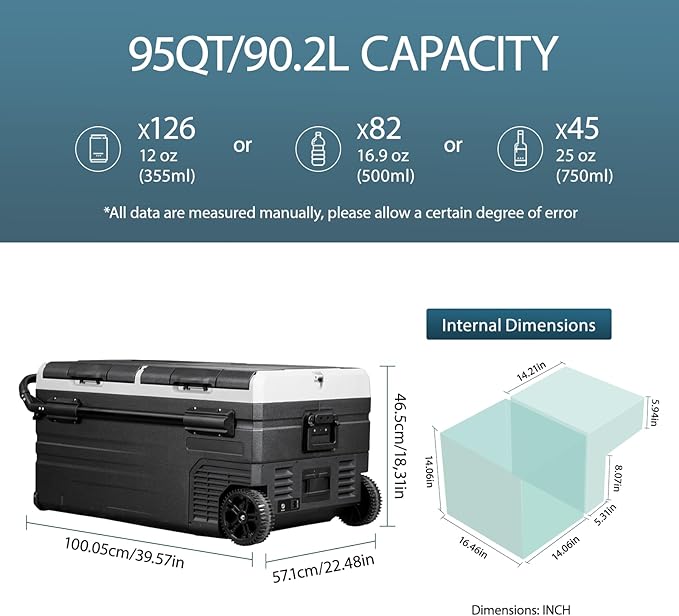 40/76/95 Quart Series Dual Temperature Control Car Refrigerator, Portable Refrigerator, Individual Temperature Control (-4 ° F~68 ° F), Large Capacity Road Travel Fridge, 12/24v DC (TWW95-95 Quart)