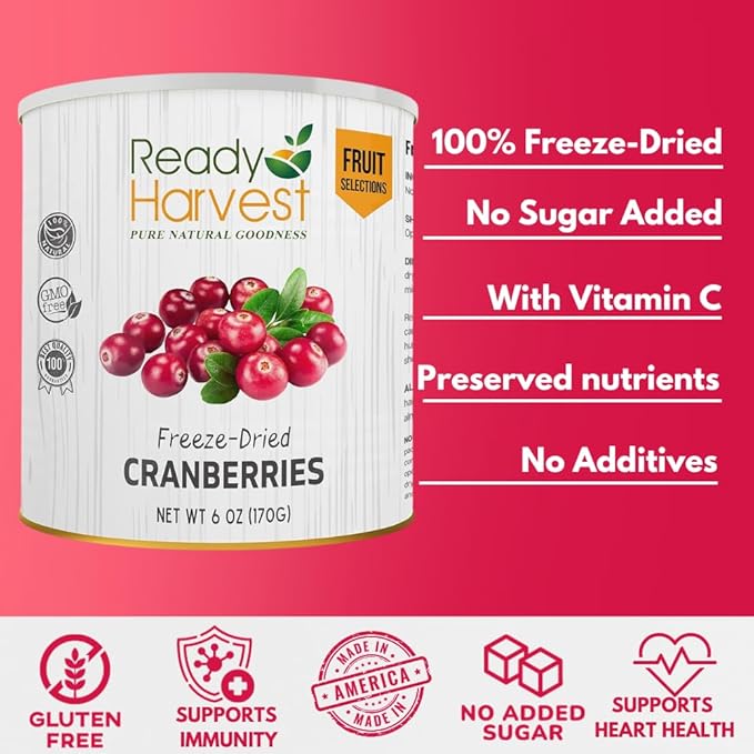 Ready Harvest Dehydrated Food - Cranberries | Dried Fruit | Emergency Snacks | #10 Can | 25-Year Shelf Life | Cans Filled to the Top