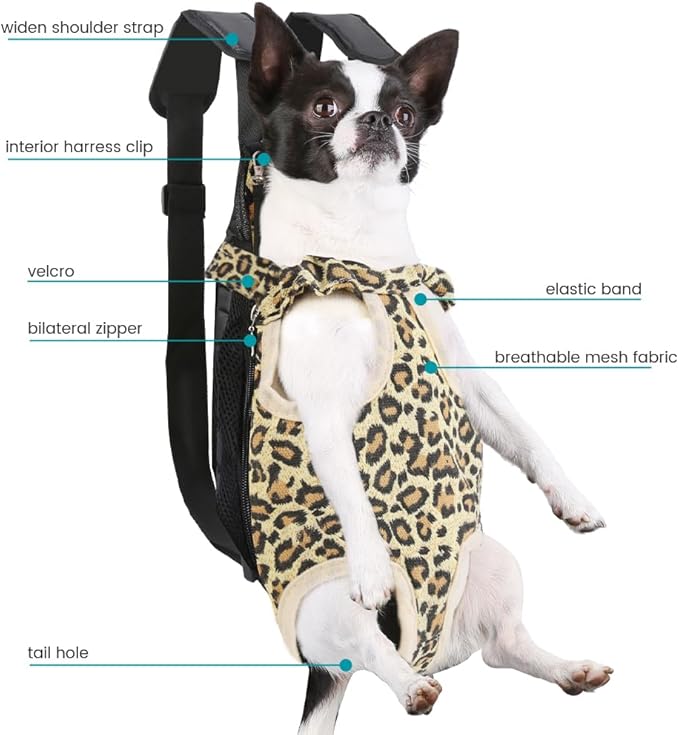 Inspack Dog Backpack Carrier/Cat Carrier, Adjustable Pet Front Carriers Travel Bag for Puppy Medium Dogs, Legs Out, Soft Dog Chest Carry Backpacks for Hiking/Camping, 2.5-4 lbs, Leopard Print