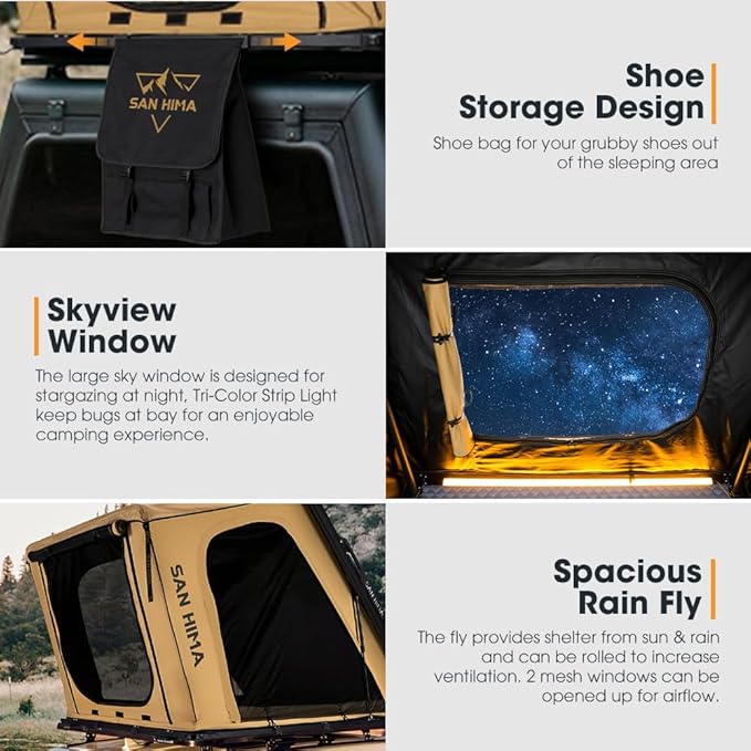 Sanhima Rooftop Tent Hard Shell - Hotham Overland Aluminium Roof Top Tent w/Larger Space, LED Strip Light & Skyview Window, 2” Thick Mattress, for Car SUV Truck Camping, 2-3 People Tent