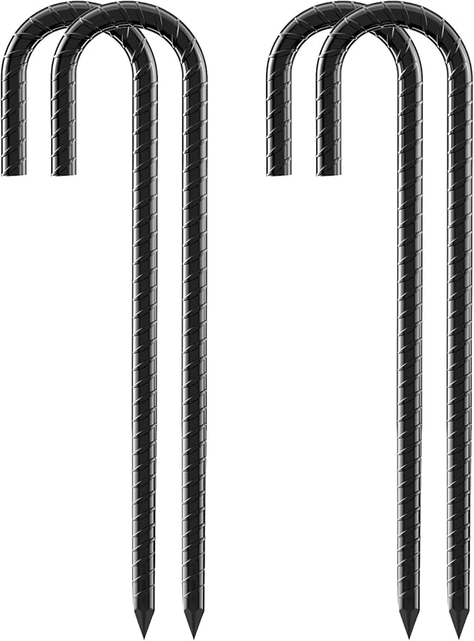 12 Inch Rebar Stakes, 4 Pack J Hook Heavy Duty Ground Stakes for Canopy Tent Trampoline and Chain Link Fence Rust Proof Coated Steel Ground Stakes Ground Anchors (Black)