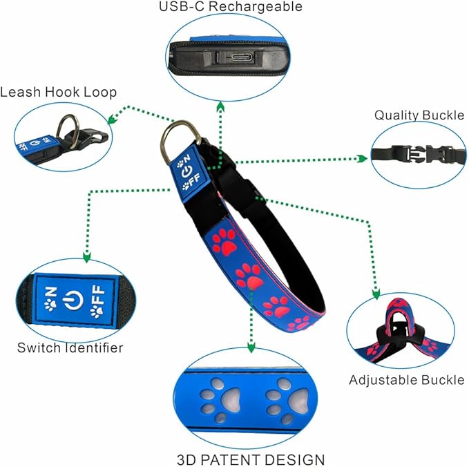 LED Light Up Dog Collar, USB-C Rechargeable, Multicolor Paw Print Design, 15 Modes Lighting Night Safety (RED, XL(19.7-23.6"))