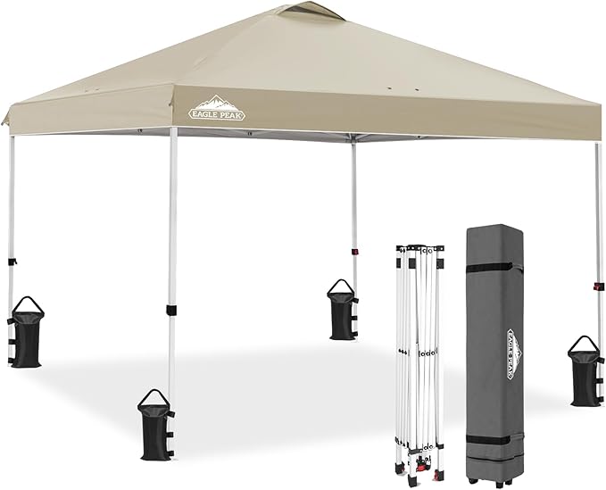 EAGLE PEAK Pop Up Canopy Tent with Wheeled Carry Bag, 8 Stakes, 4 Ropes, 4 Weight Bags, Easy Set Up Tent Canopy, 10x10 ft, 100sqft of Shade, Light Beige