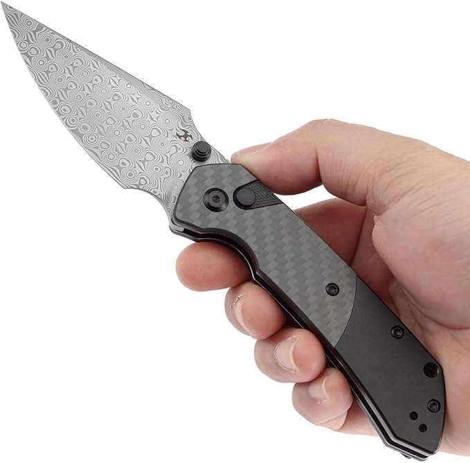 KANSEPT Fenrir Button Lock Pocket Folding Knives for Men Women Camping Hiking Folding Knife 3.11'' Damascus Blade EDC Knife with Twill Carbon Fiber + Blackwash Aluminum Handle Everyday Carry K1034S6
