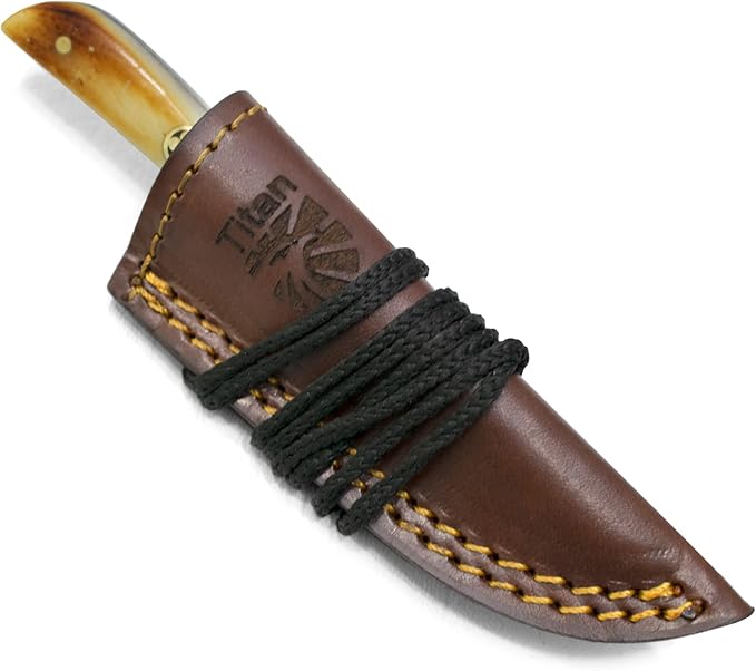 Titan International Knives Skinning Knife TC-30 Carbon 1080 Steel | Handmade Utility Neck Knife EDC | Fixed Blade Color Coated & Hand Pounded | Leather Sheath with Neck String