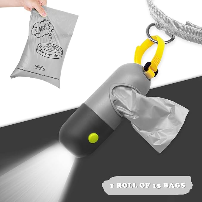 Dog Poop Bags Holder with LED Flashlight|Pet Waste Bags Dispenser for Leash|Doggie Potty Bags Container with Leak-proof Pet Trash Bags and Accessories (1 Holder 195 Bags, Grey and Black)