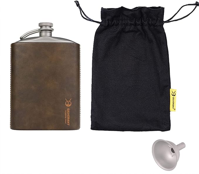 SILVERANT Titanium Hip Flask 248ml/8.73 fl oz, Ultralight Portable Leakproof Pocket Flask Flagon With Screw Cap Clip, Leather Case & Pouring Funnel