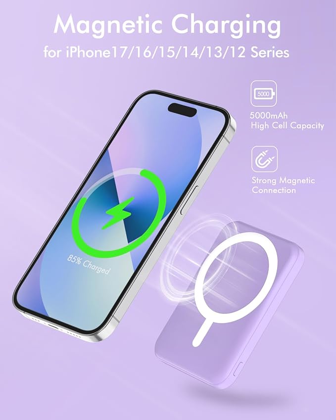 podoru for Magsafe Battery Pack, 5000mAh Magnetic Power Bank with Type-C Cable 20W PD Fast Charging Lighting Input Wireless Portable Charger for iPhone iPhone 17/16/15/14/13/12/ All Series-Purple
