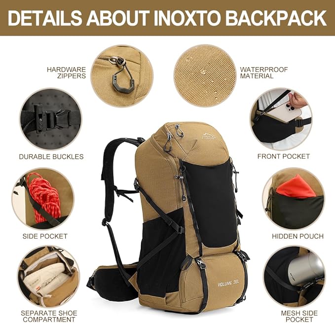 INOXTO 35L Hiking Backpack with 3Lwater bladder, Camping Backpack with Waterproof Rain Cover for Men, Outdoor Sport Travel Daypack for Climbing (Khaki 2)