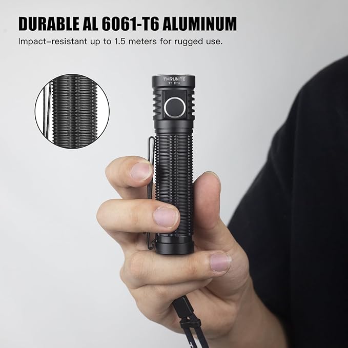 ThruNite T1 Pro High 1920 Lumens Rechargeable Flashlight with USB C Cable, Stepless Dimming,196-Meter Long Beam Distance Pocket Flashlight for EDC, Outdoor, Camping and Emergency (Cool White)