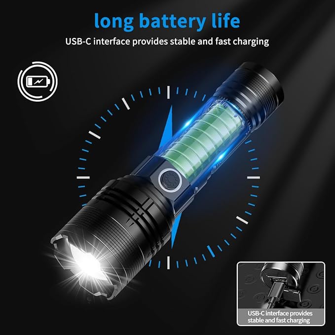 Rechargeable Flashlight, Tactical Flashlights 2000 High Lumens, USB C Bright Flashlights, 2 Pack Handheld LED Flashlight Rechargeable 5 Modes for Home,Camping, Police, etc