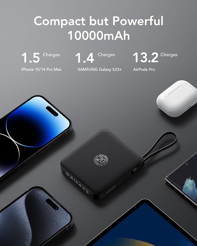 VRURC Portable Charger with Built-in Cable, 10000mAh 22.5W Fast Charging USB C Battery Pack, Cell Phone Power Bank for iPhone 16 15 14 Samsung Galaxy S25 S24 S23 Series Android Tablet, Black(1 Pack)
