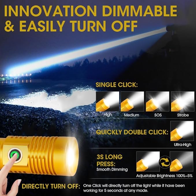 Rechargeable Flashlight High Lumens, High Lumens Super Bright Magnetic Flash Light, 1500 Meter Long-Range Zoomable LED Flashlights for Emergency, Waterproof Flashlight Dimmable, Gold,1PC