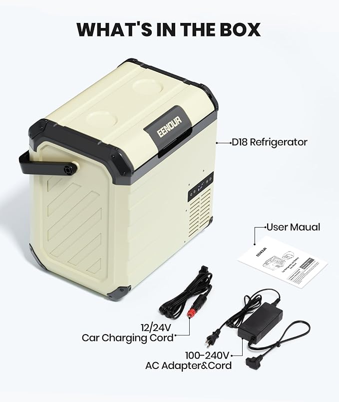 EENOUR D18 12 Volt Car Refrigerator, Portable Freezer with Detachable Battery 19Qt/18L, Battery & Solar Powered Cooler, -4~50℉, 12/24V DC, 110~240V AC, 12V Fridge for Camping, Road Trips, RV, Truck