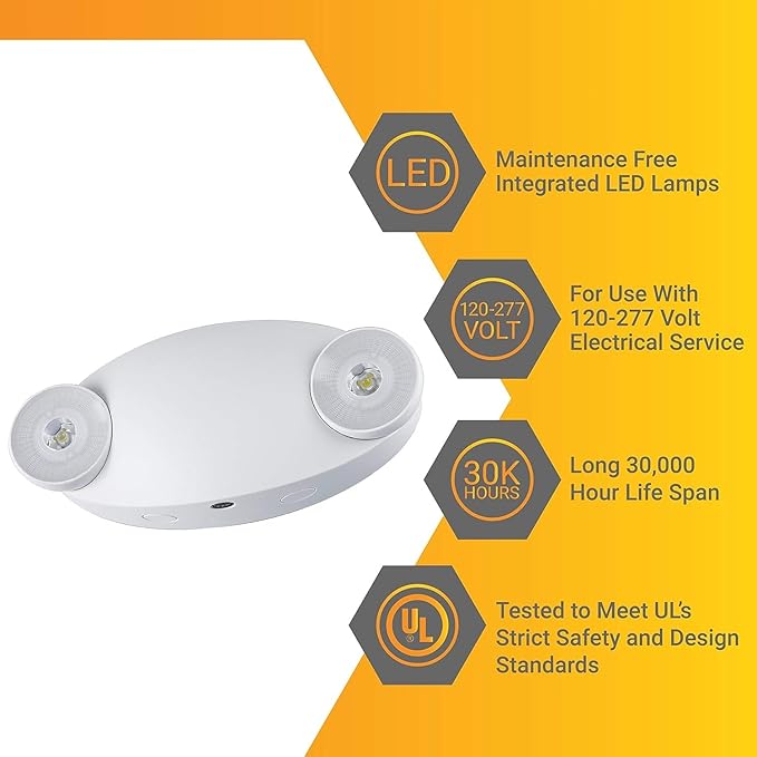 Diodesy- LED Emergency Light Fixture 2 Head Adjustable 90-Min Battery Backup 2W 6500K Daylight 200LM Commercial Fire-Resistant Wall/Ceiling Mount for Business Power Failure Outage Exit Sign 120-277V