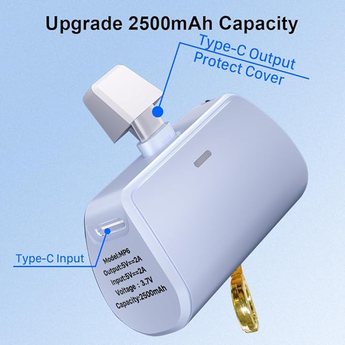 WAVYPO Keychain Portable Charger 2500mAh, USB-C Cell Phone Portable Power Bank, Compatible for iPhone 16/15/15 plus/15 pro/15 pro Max/Android/Samsung/Moto/LG (Blue)