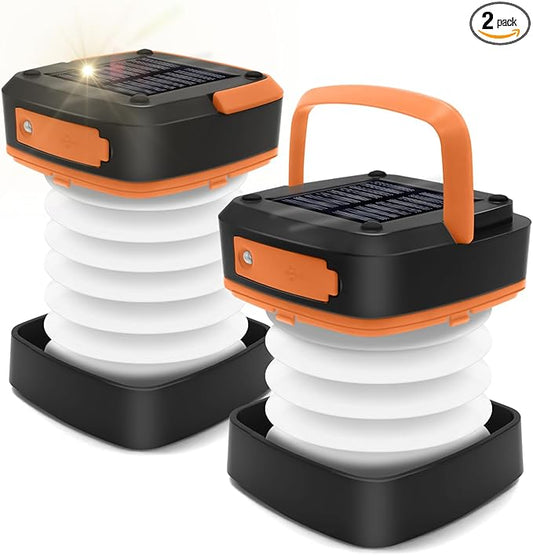 2-Pack Folding Solar Camping Lantern Flashlights, DIBMS Mini Collapsible USB Rechargeable Waterproof Hanging Light Power Bank for Camping Hurricanes Emergency Power Outages Indoor Outdoor