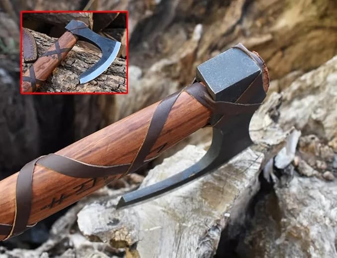 Ragnar Viking Axe - Hand Forged Carbon Steel Hatchet with Leather Sheath | Norse Bearded Axe for Camping, Throwing, Hunting, Outdoor Survival | Gift for Men