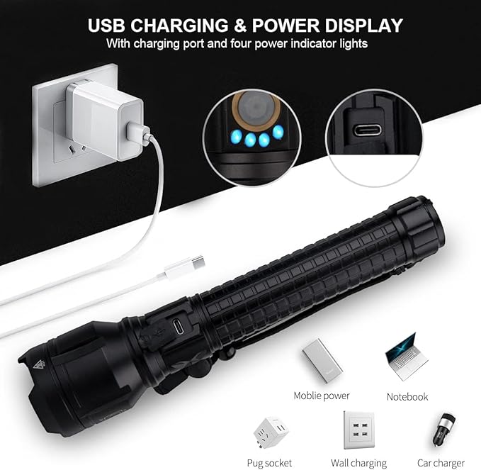 LBE Rechargeable Brightest LED Flashlight, 90,000 High Lumens Super Bright Powerful Flashlight with 5 Modes, IPX7 Waterproof Handheld Large Flash Light for Emergencies Camping