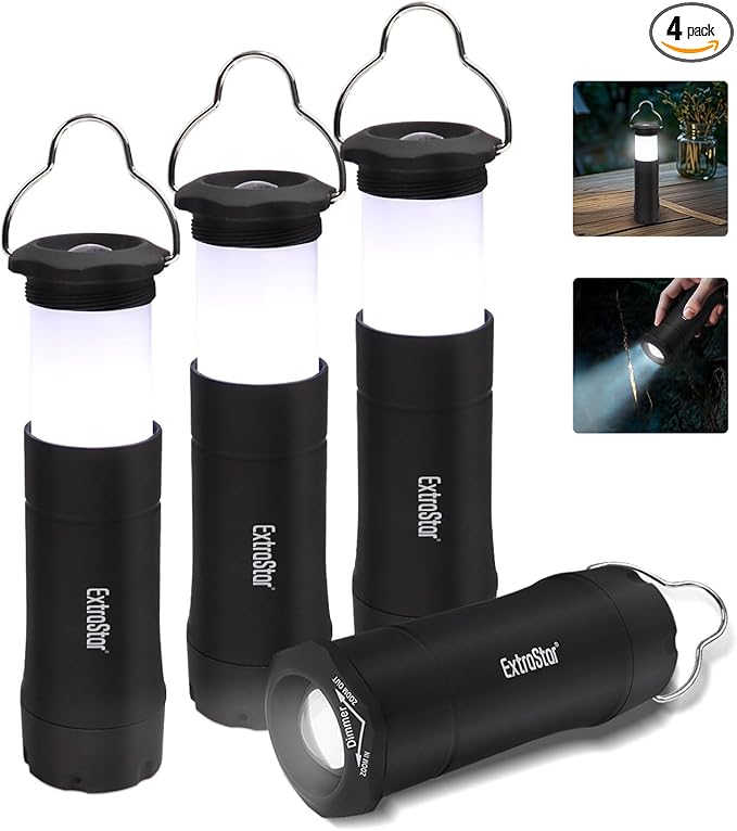 EXTRASTAR 2-in-1 LED Camping Lanterns, Battery Operated Flashlight, Zoomable Torch 3 Modes, Max 35 Lumens, IPX2 Water Resistant, Suitable for Hurricane, Emergency, Storm, Outages, 4 PCS