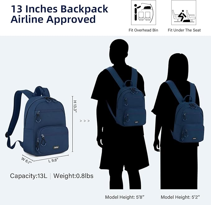 Carry On Travel Backpack For Men Women, 13 Inch Small Mini Work Bag Personal Item Backpacks, Camping Back Pack Lightweight Hiking Daypack For Office Nurse Commuter (Navy Blue)