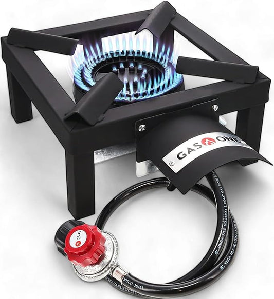 GasOne High Pressure Single Propane Burner - Outdoor Cooking with Heat Shield and Guard ??Propane Burner Head for Camping, Tailgating, Seafood Boil, Home Brewing - Patent Pending