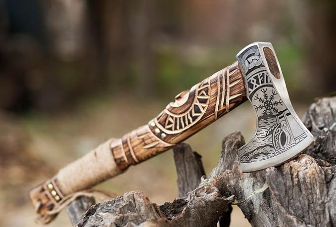 Viking Axe Gift Viking Knife with Sheath | Hand Forged Real Handmade Outdoor Hunting Camping Axes and Hatchets | Viking Gifts for Men (Sm-Rope)