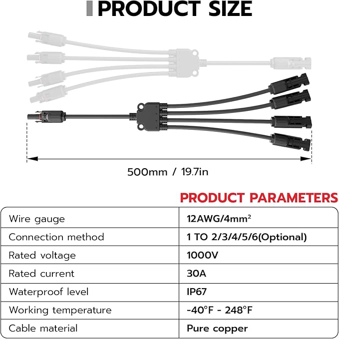 Solar Panel Connectors Y Branch 1 to 4,30A 1000V Solar Parallel Connector for Solar Panels,12AWG-10AWG Waterproof Solar Panel Splitter for Solar Cable