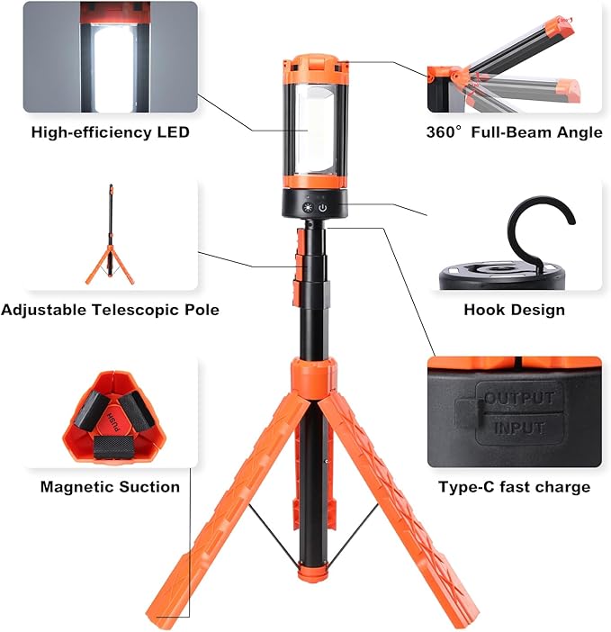 Camping Lights, Portable Rechargeable LED Camping Lantern with 5 Lighting Modes - Telescopic Light with Tripod Work Light, Detachable Flashlight Light for Emergency, Power Outages, Hiking