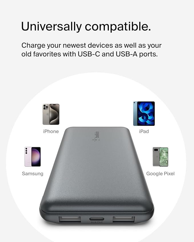 Belkin Portable Charger, USB C Power Bank 10000 mAh w/ 2xUSB-A Ports, 15W w/Type-C to Type-A Cable for iPhone 17, Air, Pro, Samsung Galaxy S25, iPad, Nintendo Switch 2, Google Pixel 10, etc. - Gray