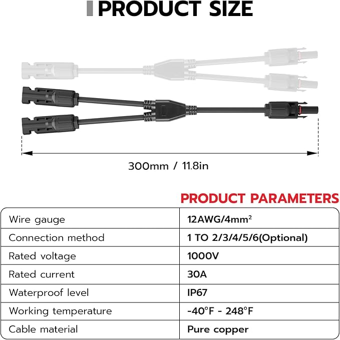 1 Pair Solar Panel Connectors Y Branch,30A 1000V Solar Parallel Connector 1 to 2 for Solar Panels,IP67 Waterproof Solar Panel Splitter for Solar Cable