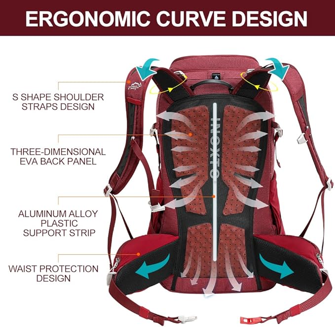 INOXTO 35L Hiking Backpack with 3Lwater bladder, Camping Backpack with Waterproof Rain Cover for Men, Outdoor Sport Travel Daypack for Climbing (Red)