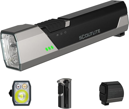 SCOUTLITE Vario MAX 3000 Handheld Flashlight, Rechargeable LED Pocket Light with White, Red and Amber Lights, Waterproof IPX6 Tactical Flat for Camping, Outdoor & Emergency Working