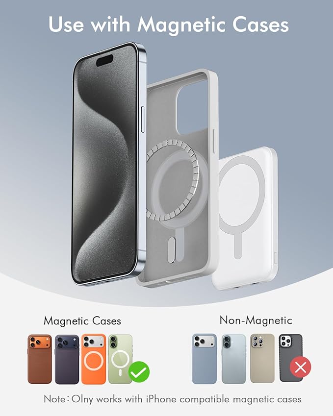 podoru for Magsafe Battery Pack, 5000mAh Magnetic Power Bank with Type-C Cable 20W PD Fast Charging Lighting Input Wireless Portable Charger for iPhone 17/16/15/14/13/12/ All Series-White