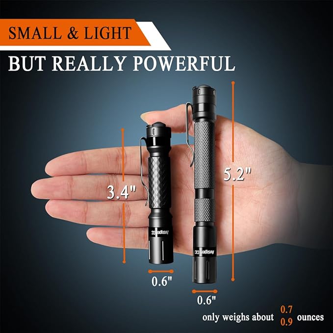 Mini Flashlight 3 Modes Small Flashlights LED Powerful High Lumens Tactical Pen Light with Clip,Slim Portable Pocket Compact Torch for Emergency Inspection AAA Battery Water-Resistant(3.4 & 5.2 inch)