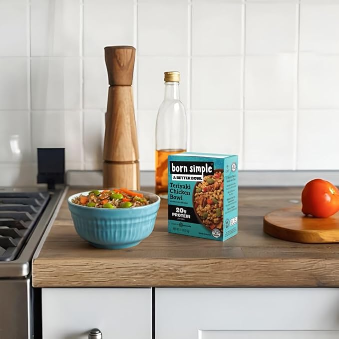 Born Simple Ready to Eat Meals with Sporks, Teriyaki Chicken Bowl, Improved Recipe - 20g Protein, Prepared Meal, Microwavable Entree, 11 oz (Pack of 6)