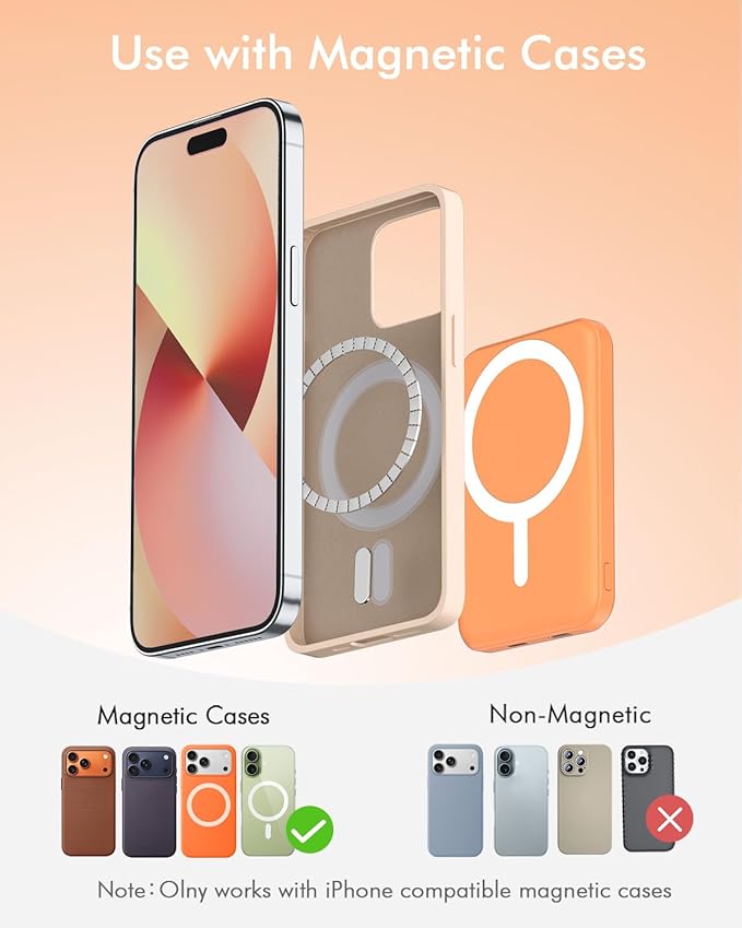 podoru for Magnetic Battery Pack, 5000mAh Magnetic Power Bank with Type-C Cable 20W PD Fast Charging Lighting Input Wireless Portable Charger for iPhone 17/16/15/14/13/12/ All Series-Orange