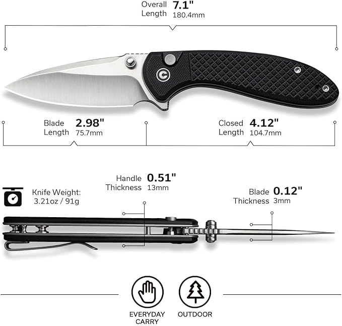 CIVIVI Faeger Pocket Folding Knife for EDC, 2.98" Swedish 14C28N Blade G10 Handle, Reversible Clip for Men Women Outdoor Carry C24031-1 (Black)