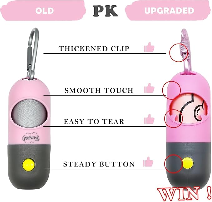 Dog Poop Bags Holder with LED Flashlight|Pet Waste Bags Dispenser for Leash|Doggie Potty Bags Container with Leak-proof Pet Trash Bags and Accessories (1 Holder 195 Bags, Pink)