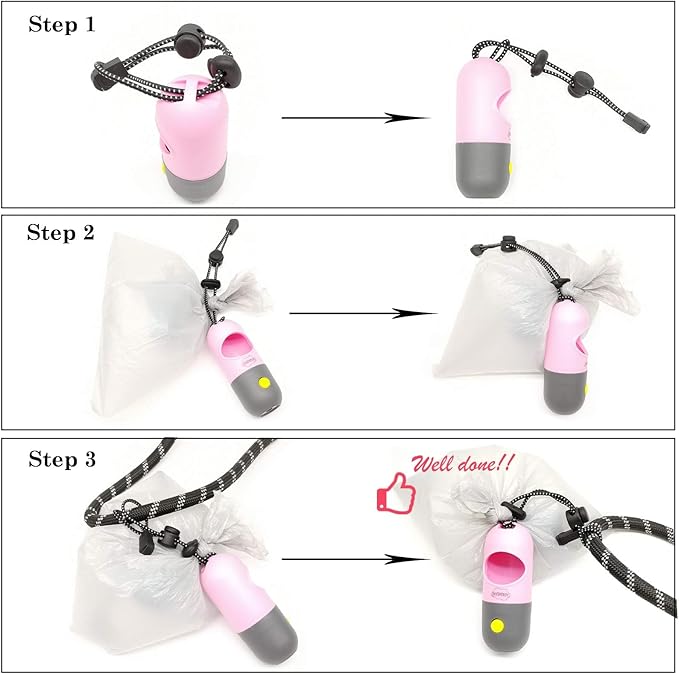 Dog Poop Bags Holder with LED Flashlight|Pet Waste Bags Dispenser for Leash|Doggie Potty Bags Container with Leak-proof Pet Trash Bags and Accessories (2 Holders 30 Bags, Pink)