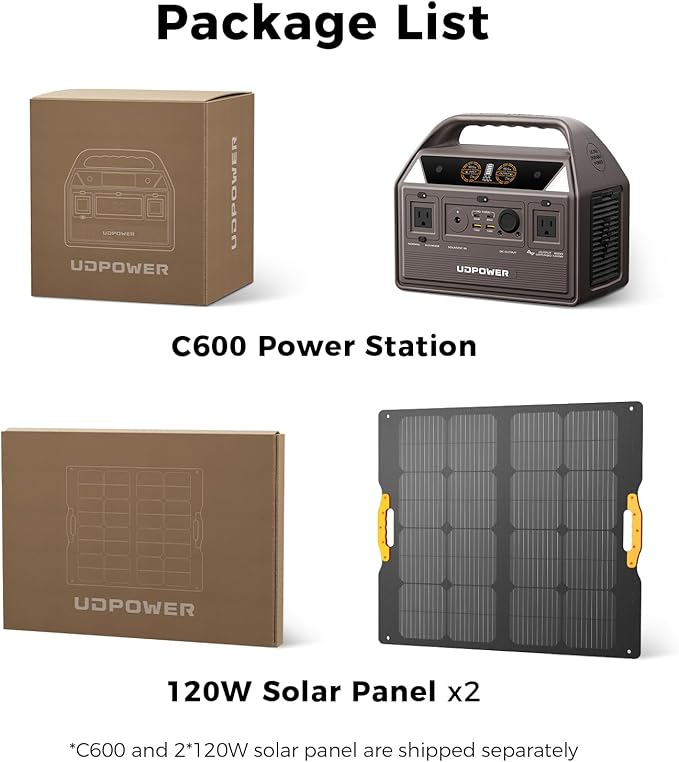 C600 Solar Generator with dual 120W Solar Panel - 600W Portable Power Station(Surge 1200W) AC Output, 595Wh LiFePO4 Battery, for Camping, Travel, RV, Emergency Power Backup(Brown)